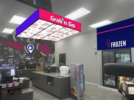 Illuminated Grab n Go retail branding and signage